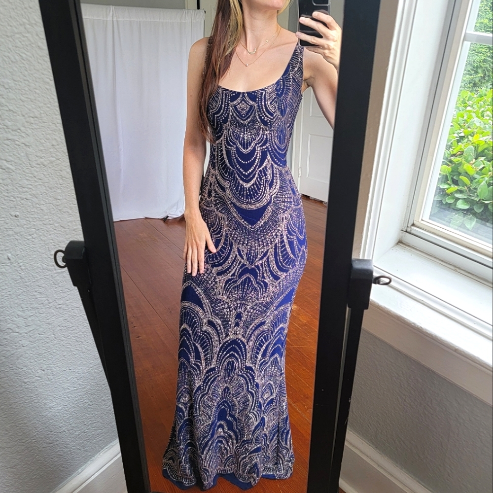 NORDSTROM GOLD/BLUE SPARKLY FORMAL DRESS